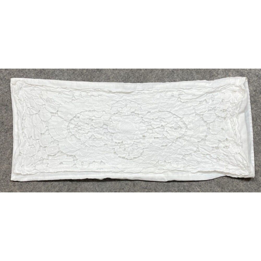 Paper White Pillow Cover White Linen Embroidered Lace Lumbar Vintage 13x30